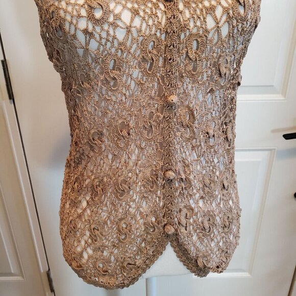 Vintage Lisa Crochet Cardigan Vest Womens Small Mocha Brown Boho Festival - Picture 6 of 9